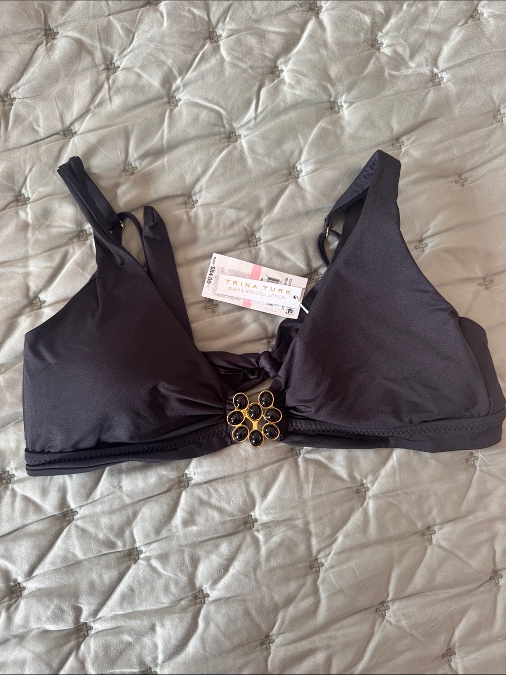 Trina Turk Black Bikini Top with Gold and Black Jewel Accent